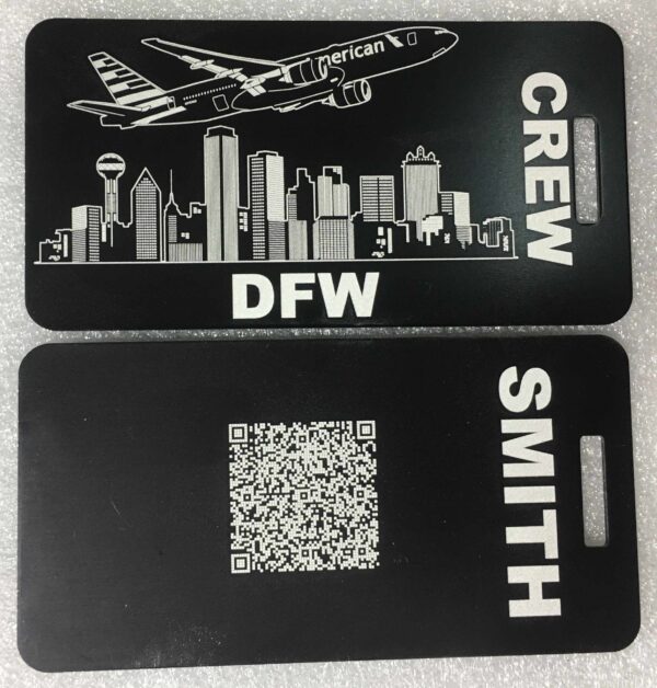 AA 777 over DFW bag tag with QR code